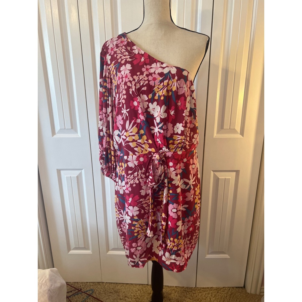 Emily Wonder One Shoulder Floral Mini Dress Dark Magenta Pink 2X PD10282
